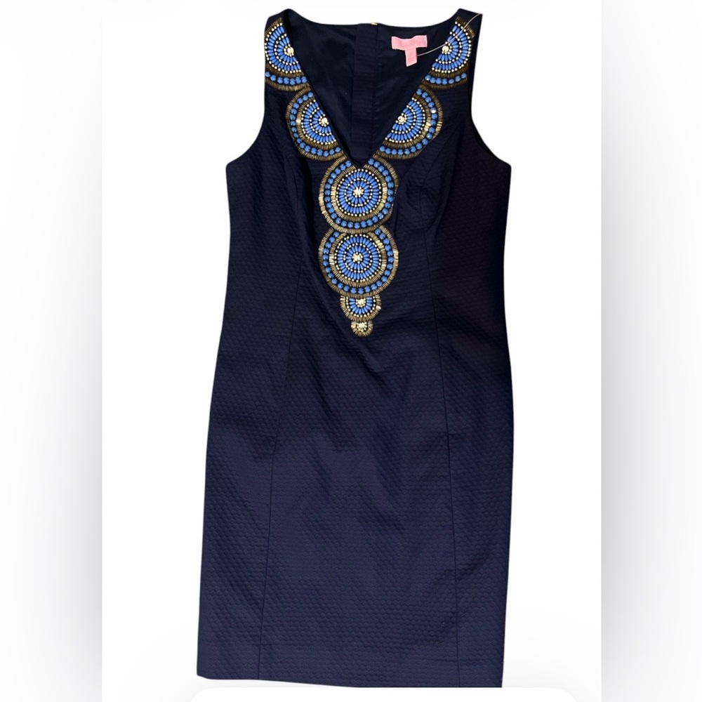 Lilly Pulitzer Navy Blue Gabby V-Neck Dress with Embroidered Medallion Size 2 - Picture 2 of 5